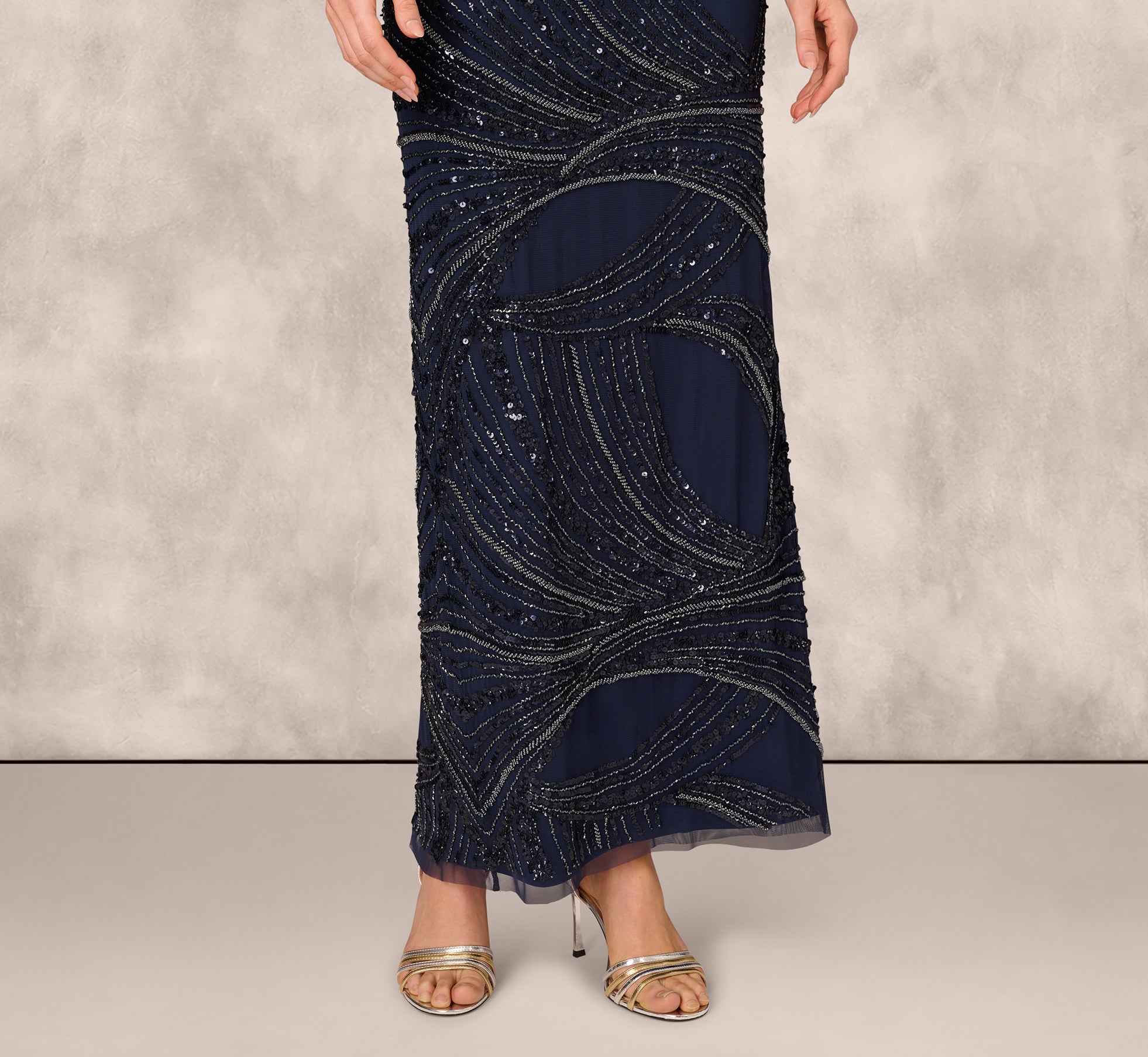 Navy Short Sleeve Beaded Column Gown - Adrianna Papell