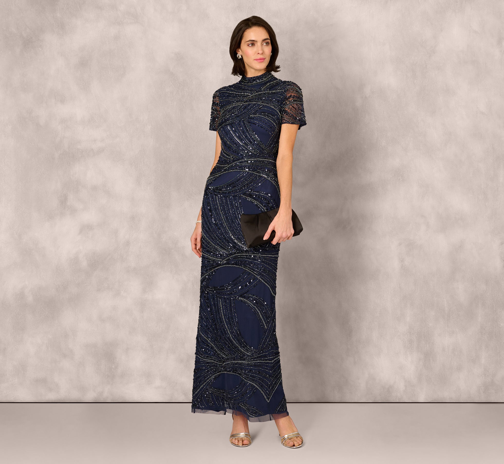 Short Sleeve Beaded Column Gown In Navy 1