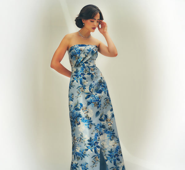 Strapless Pleated Floral Jacquard Wrap Gown in Blue Multi