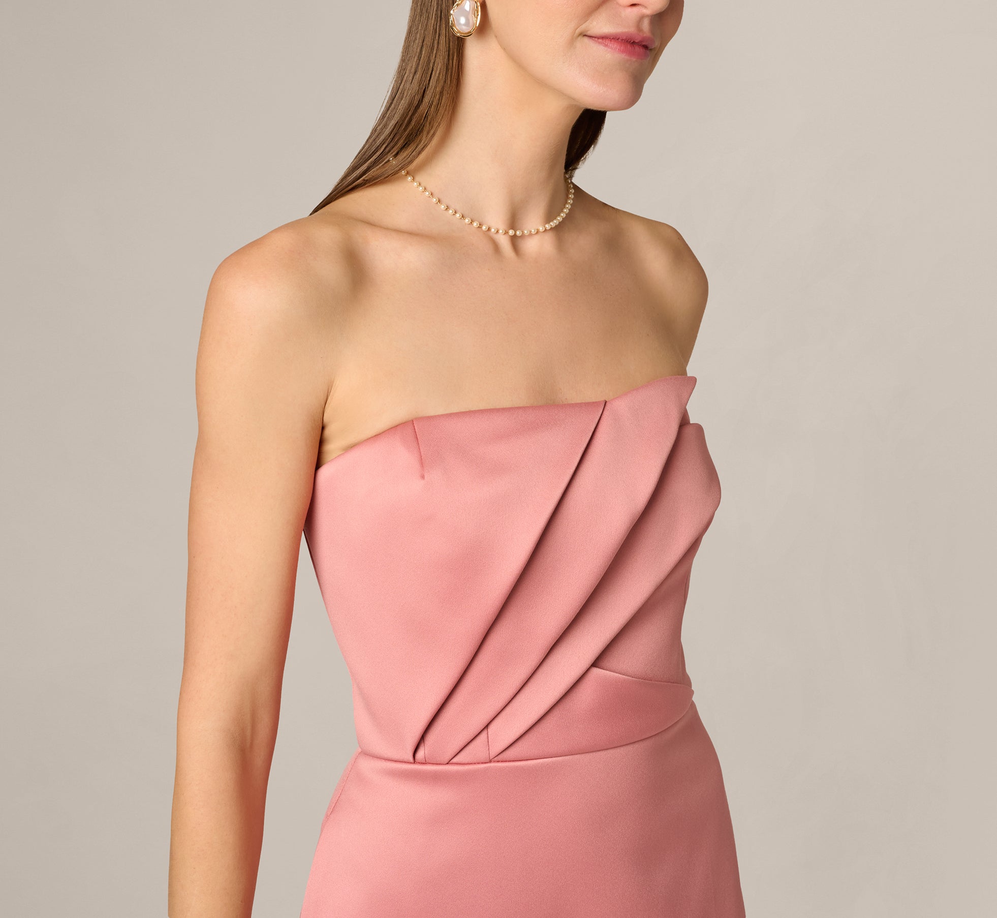 Pink Strapless Duchess Satin Pleated Gown - Adrianna Papell Pink Strapless Duchess Satin Pleated Gown - Adrianna Papell