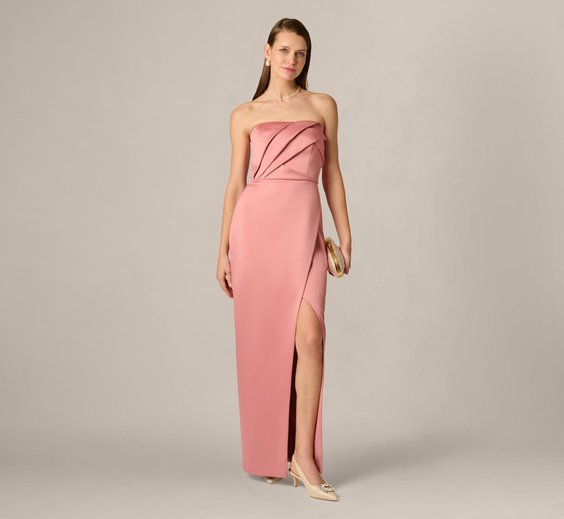 Strapless Duchess Satin Pleated Gown In Rose 1
