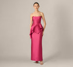 Strapless Asymmetrical Peplum Gown In Bright Rose 2
