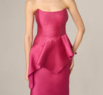 Strapless Asymmetrical Peplum Gown In Bright Rose 4