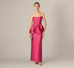 Strapless Asymmetrical Peplum Gown In Bright Rose 1