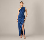 Satin Asymmetrical Draped Hardware Halter Gown In Navy 2