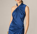 Satin Asymmetrical Draped Hardware Halter Gown In Navy 3