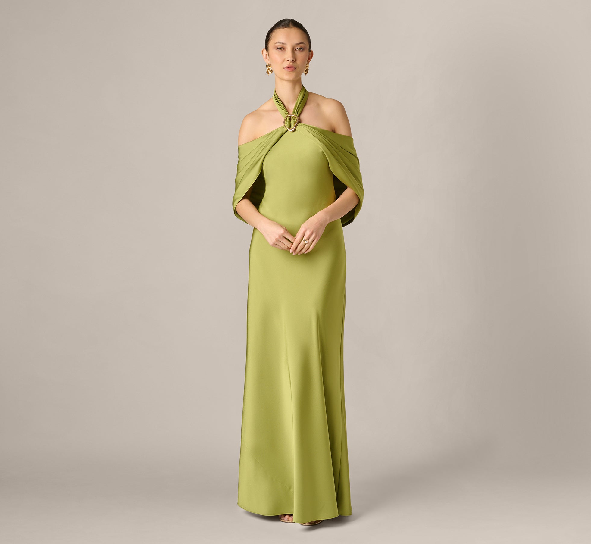 Satin Draped Shawl Halter Gown In Fern, Fern / Regular / 6