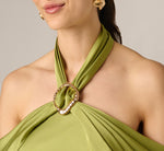 Satin Draped Shawl Halter Gown In Fern 3