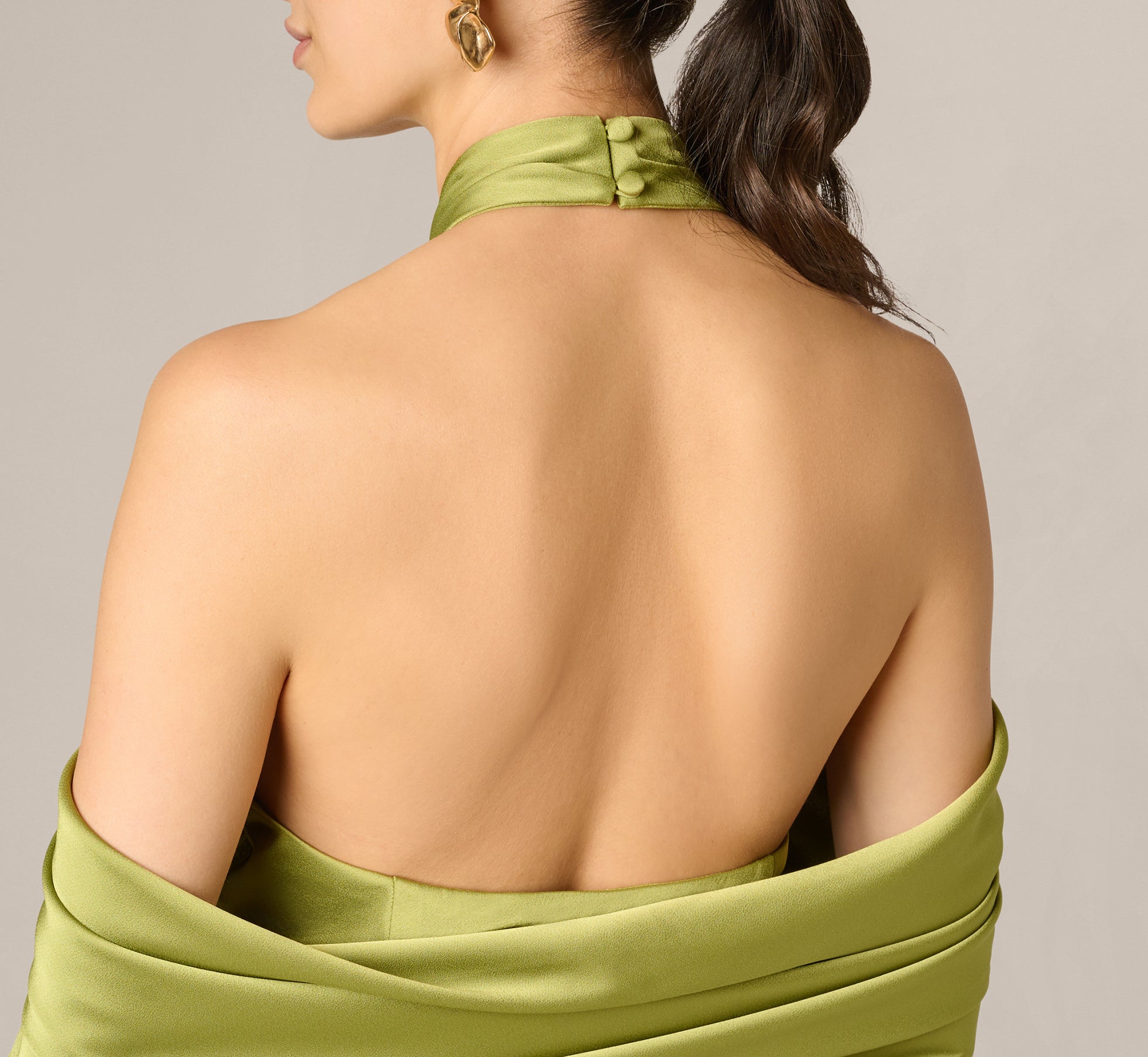 Green Satin Draped Shawl Halter Gown - Adrianna Papell