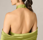 Satin Draped Shawl Halter Gown In Fern 4