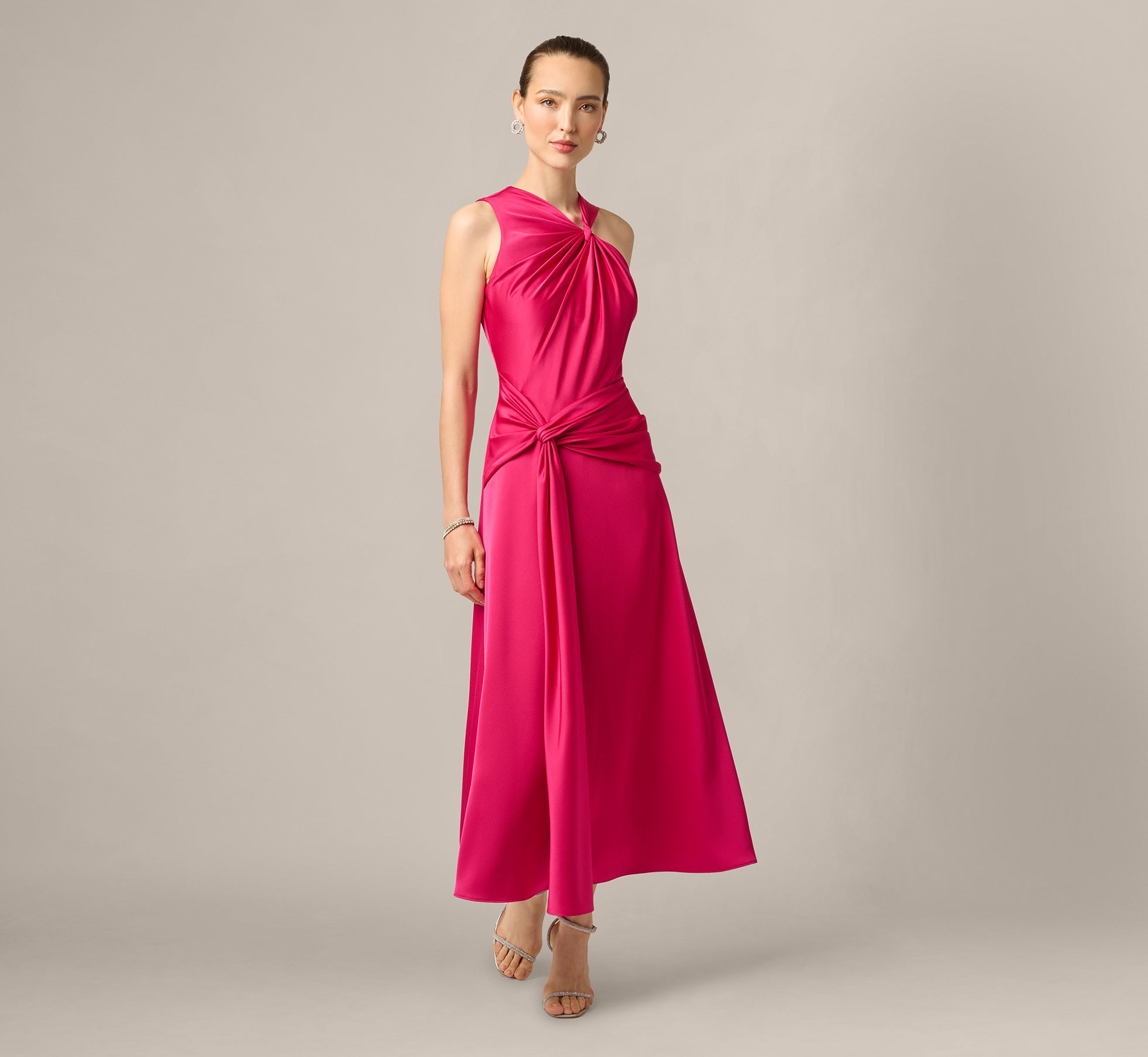 Satin Asymmetrical Knotted Drape Ankle Length Dress In Bright Rose-Bright Rose / Regular / 0
