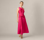 Satin Asymmetrical Knotted Drape Ankle Length Dress In Bright Rose 2