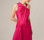 Satin Asymmetrical Knotted Drape Ankle Length Dress In Bright Rose 3