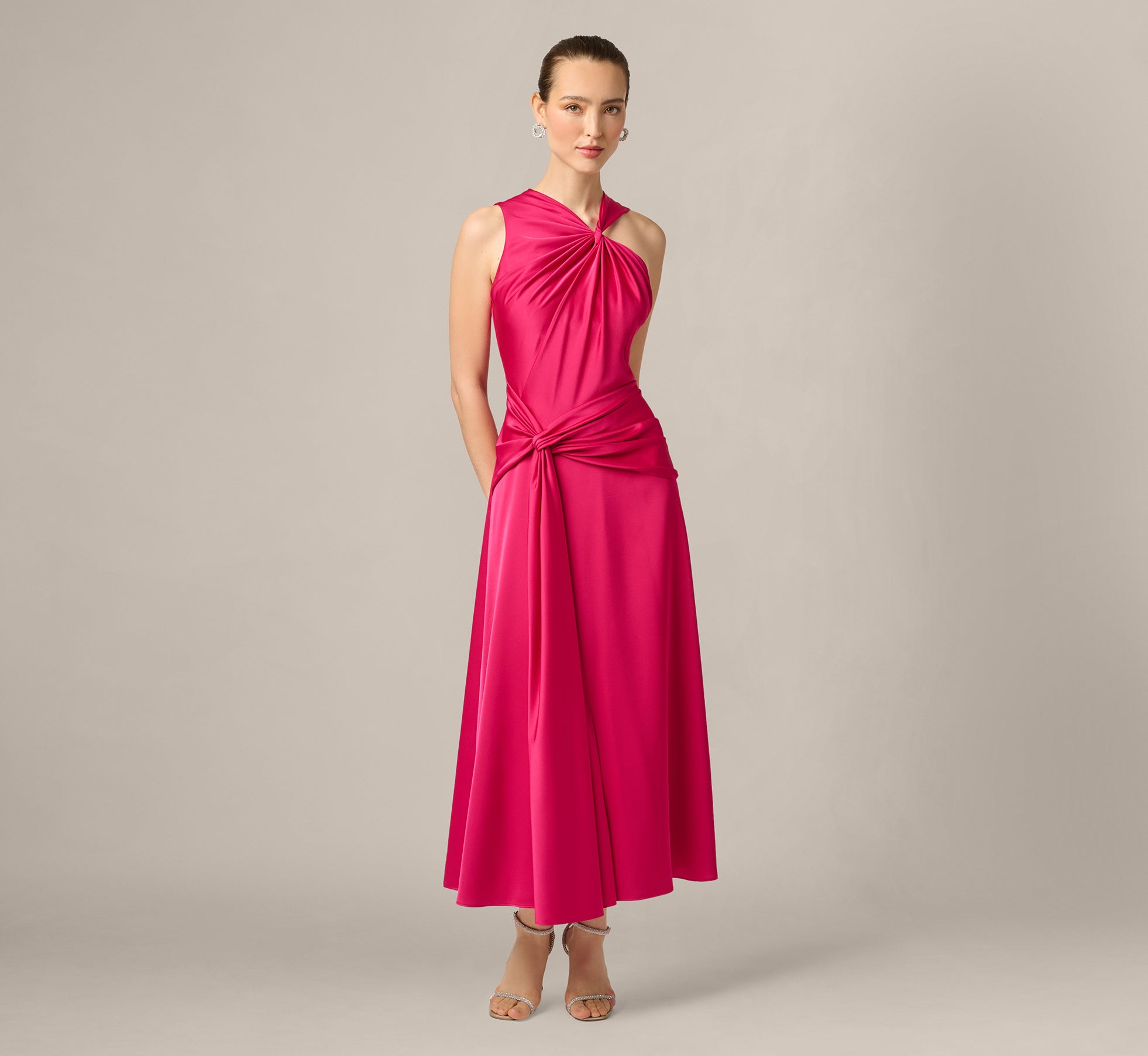 Satin Asymmetrical Knotted Drape Ankle Length Dress In Bright Rose 1