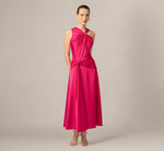 Satin Asymmetrical Knotted Drape Ankle Length Dress In Bright Rose 1