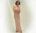 Sequin Beaded Leaf Halter Gown In Rose Quartz 1