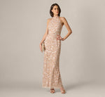 Sequin Beaded Leaf Halter Gown In Rose Quartz 2