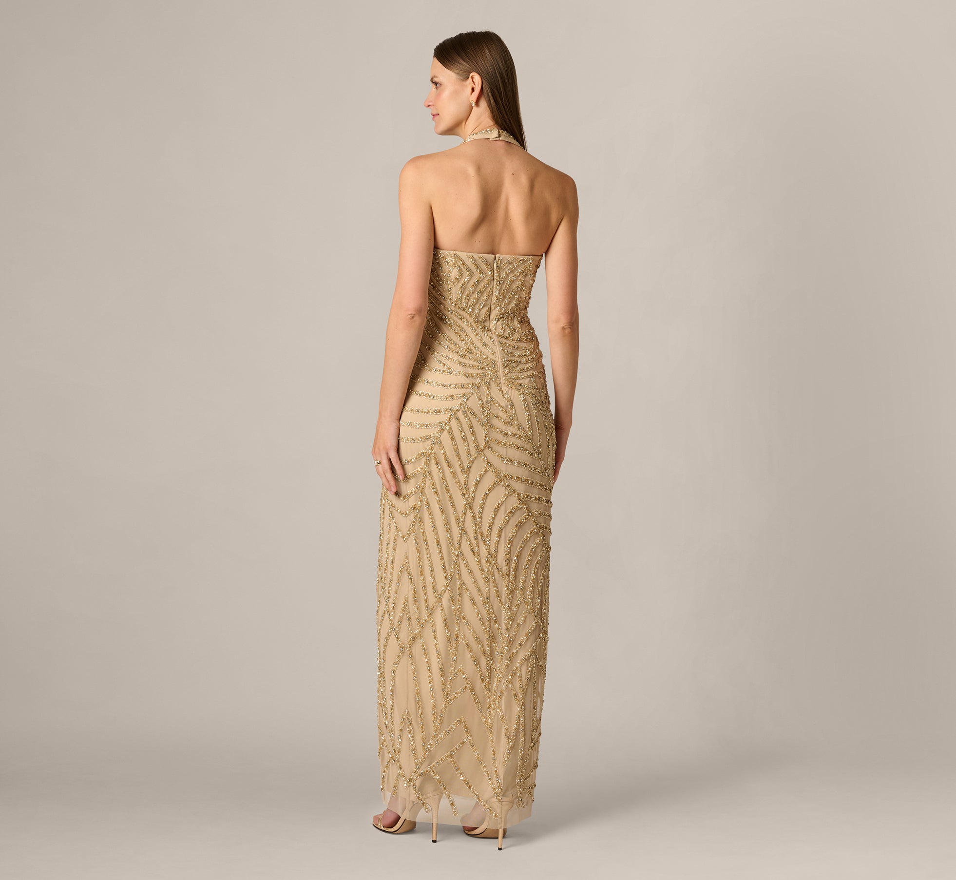adrianna papell long beaded dress Sunburst Art Deco Beaded Halter Gown In Gold