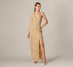 Sunburst Art Deco Beaded Halter Gown In Gold 2
