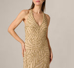 Sunburst Art Deco Beaded Halter Gown In Gold 3