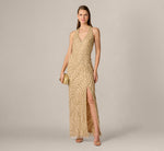 Sunburst Art Deco Beaded Halter Gown In Gold 1
