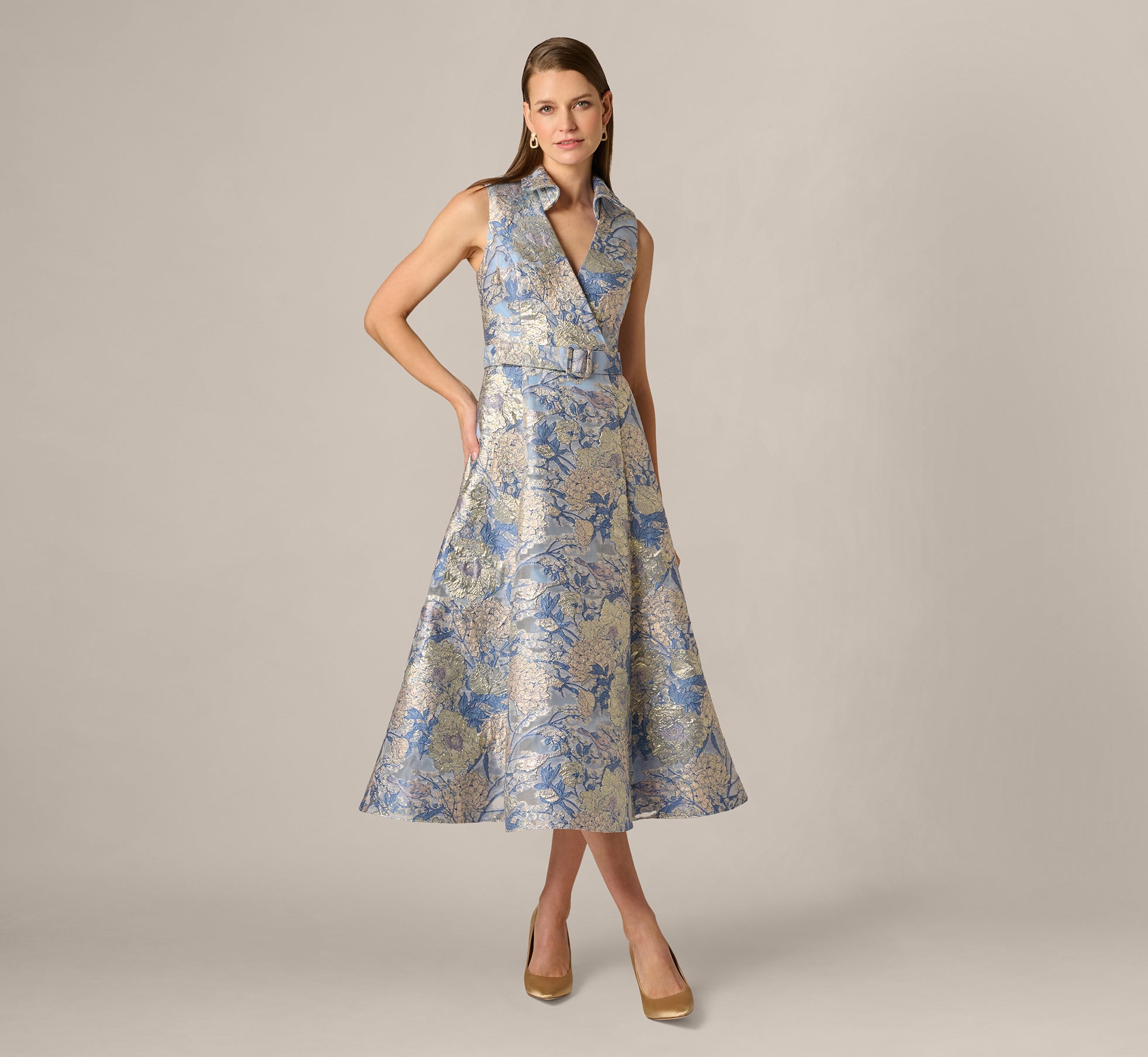Multi Colored Hydrangea Floral Jacquard Collared Midi Dress