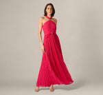 Pleated Chiffon Hardware Halter Gown In Pink Cherry 3