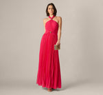 Pleated Chiffon Hardware Halter Gown In Pink Cherry 2
