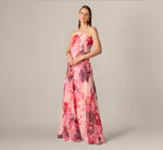 One Shoulder Peony Floral Chiffon Scarf Gown In Pink Multi 2
