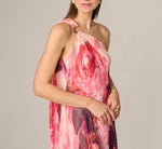 One Shoulder Peony Floral Chiffon Scarf Gown In Pink Multi 3