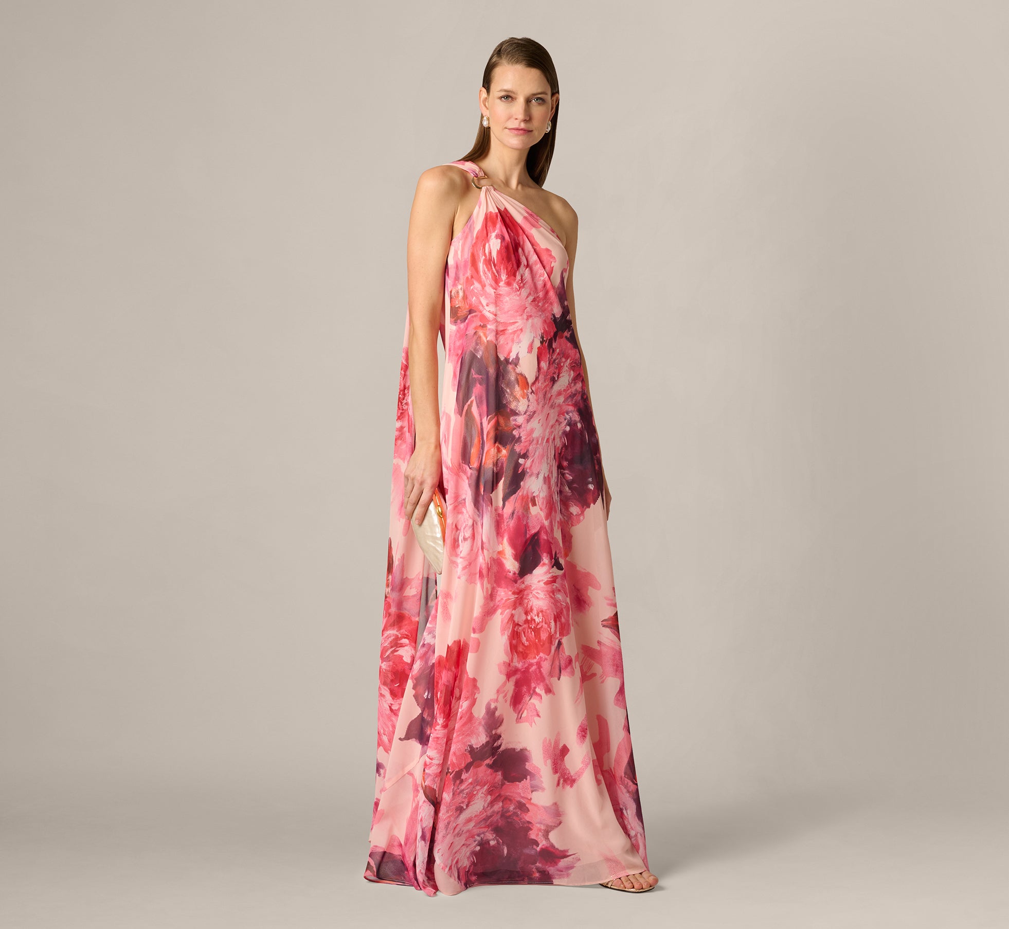 One Shoulder Peony Floral Chiffon Scarf Gown In Pink Multi 1