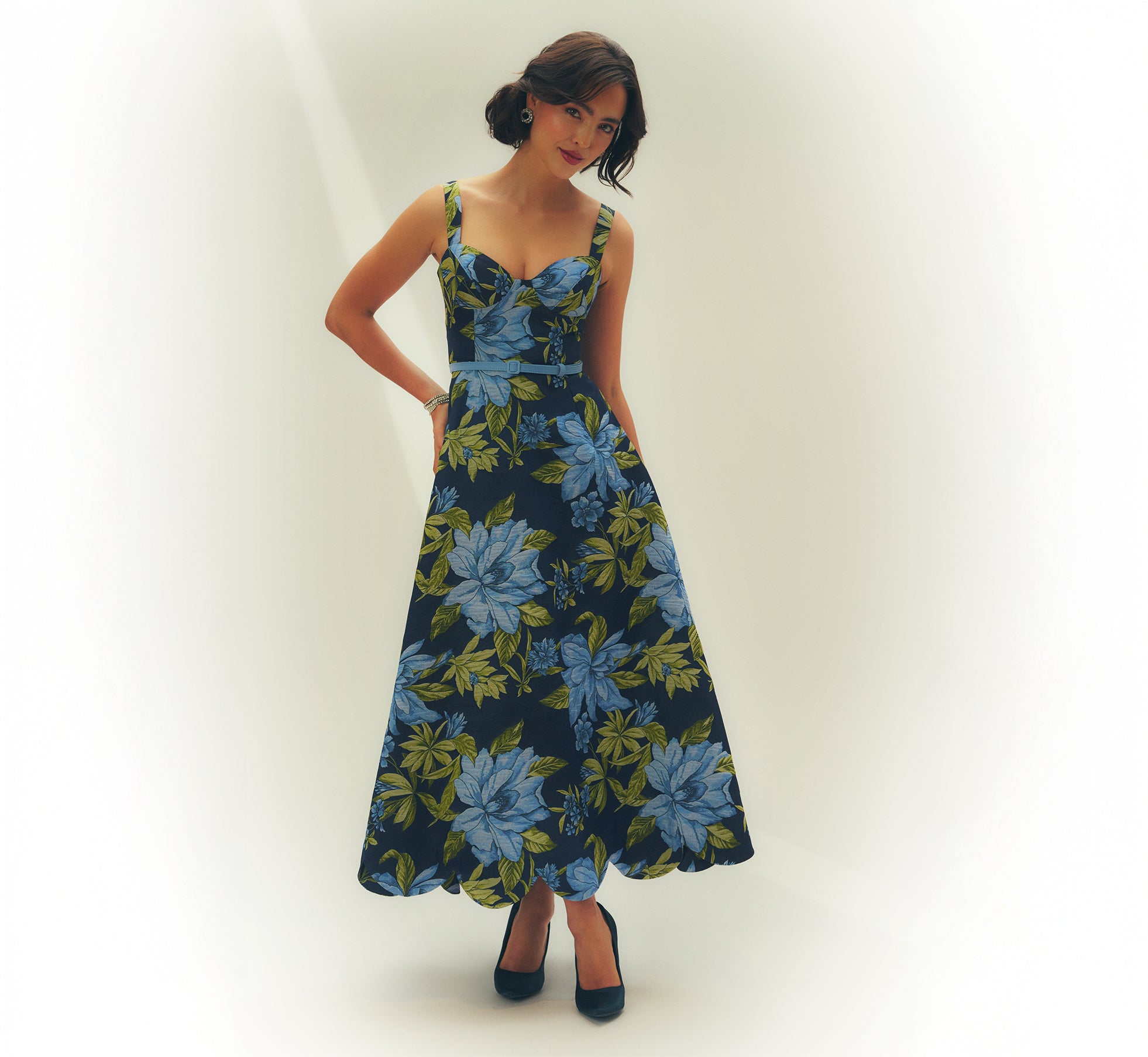 Floral Jacquard Sweetheart Scalloped Ankle Dress In Blue Multi Floral Jacquard Sweetheart Scalloped Ankle Dress In Blue Multi