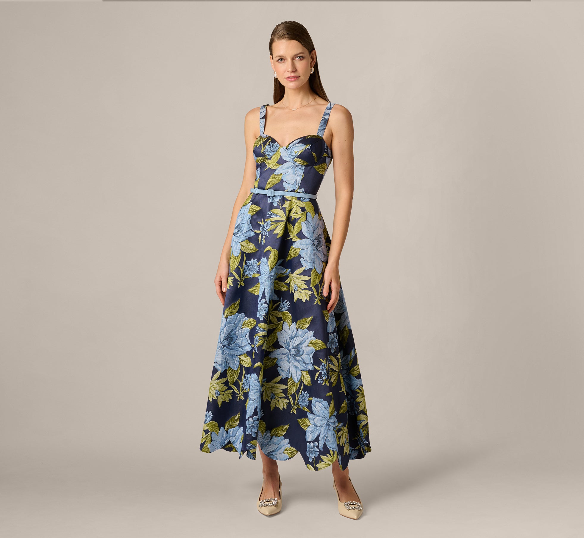 Admiral 花柄セットアップ Multi Colored Floral Jacquard Sweetheart Scalloped Ankle Dress