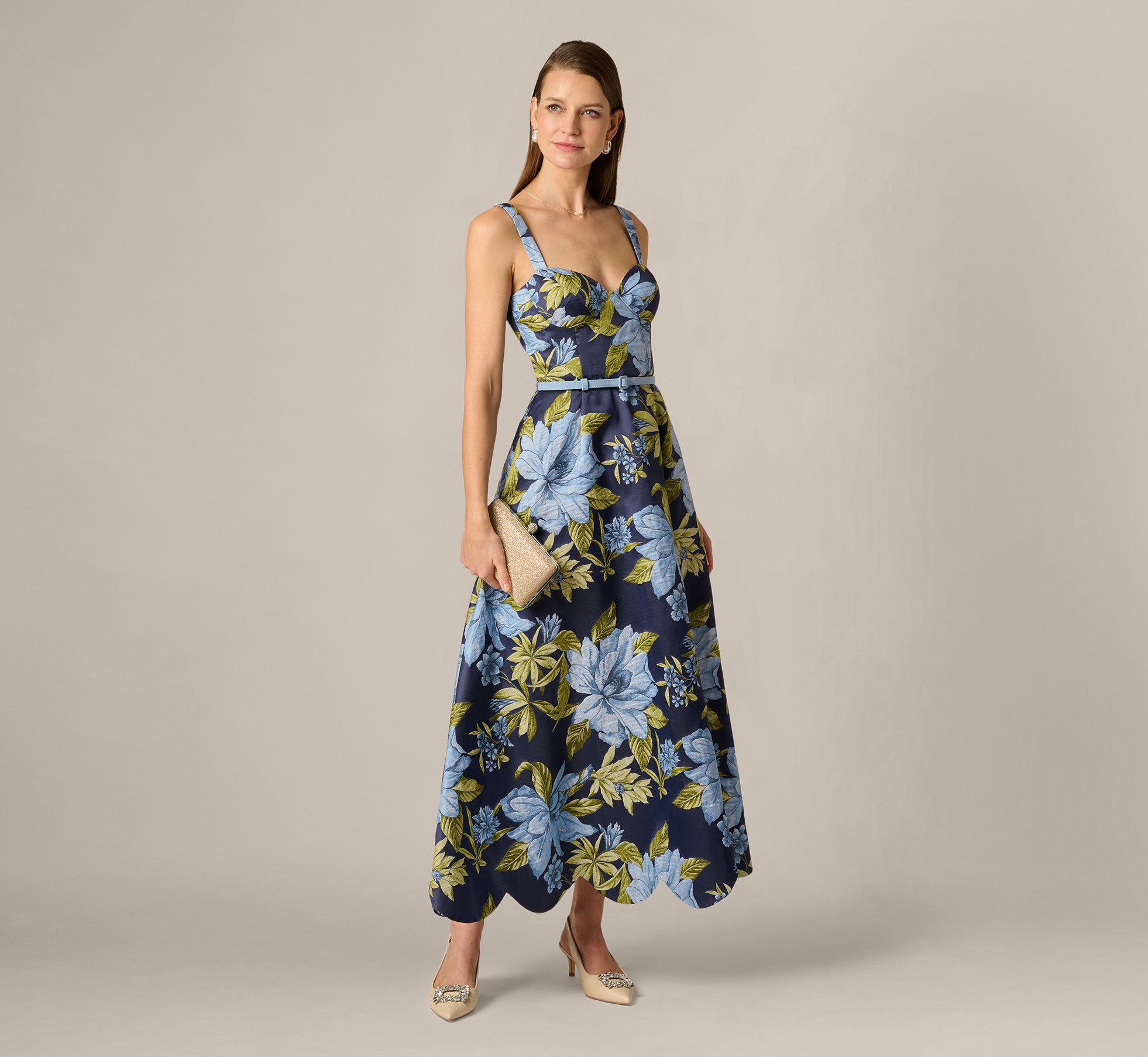 Multi Colored Floral Jacquard Sweetheart Scalloped Ankle Dress