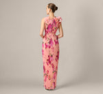 Floral Flounce Shoulder Pleated Gown In Pink Multi 5