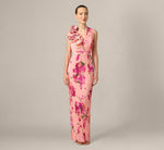 Floral Flounce Shoulder Pleated Gown In Pink Multi 2