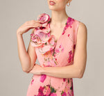 Floral Flounce Shoulder Pleated Gown In Pink Multi 3