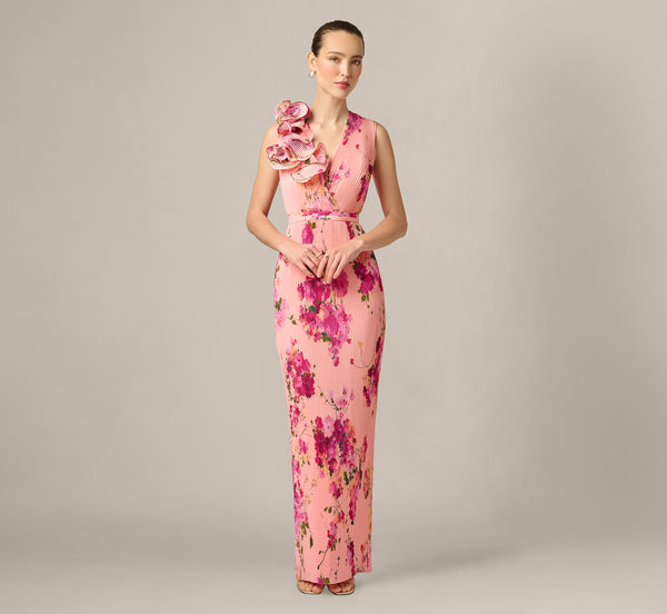 Multi Colored Floral Flounce Shoulder Pleated Gown - Adrianna Papell