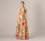 Floral Jacquard Plunge Neck Halter Ballgown In Pink Multi 2