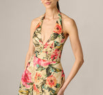 Floral Jacquard Plunge Neck Halter Ballgown In Pink Multi 3