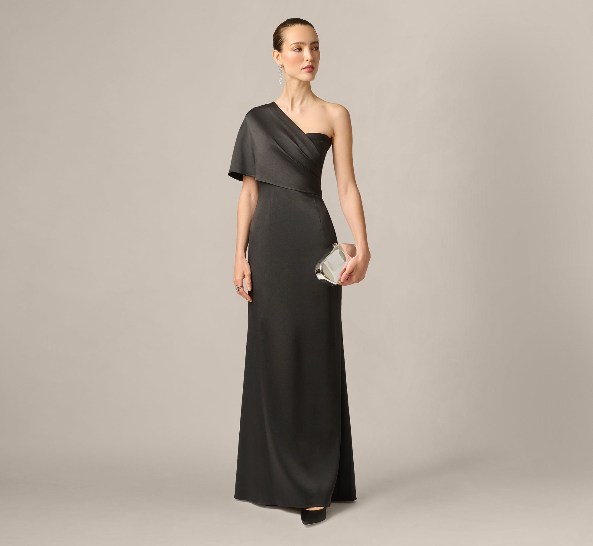 Draped One Shoulder Stretch Mikado Mermaid Gown In Black 1