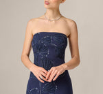 Strapless Floral Beaded Soutache Column Gown In Dark Navy 3