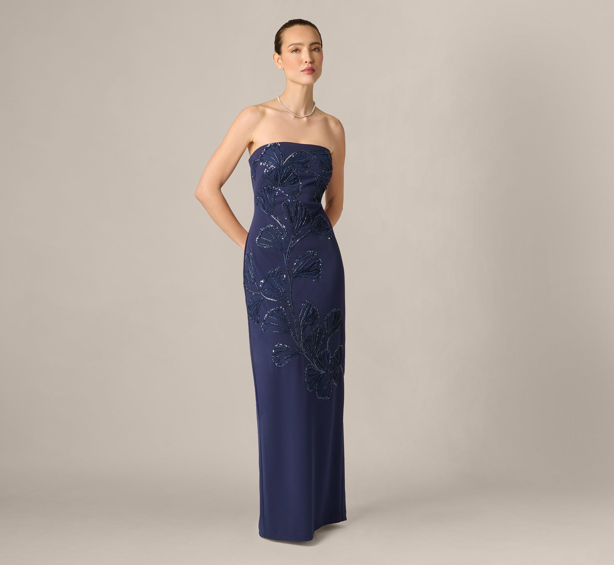 Strapless Floral Beaded Soutache Column Gown In Dark Navy 1