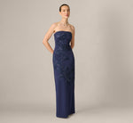 Strapless Floral Beaded Soutache Column Gown In Dark Navy 1