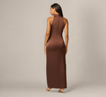 Satin Beaded Soutache Cowl Halter Gown In Espresso 5
