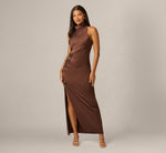 Satin Beaded Soutache Cowl Halter Gown In Espresso 2