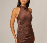 Satin Beaded Soutache Cowl Halter Gown In Espresso 3