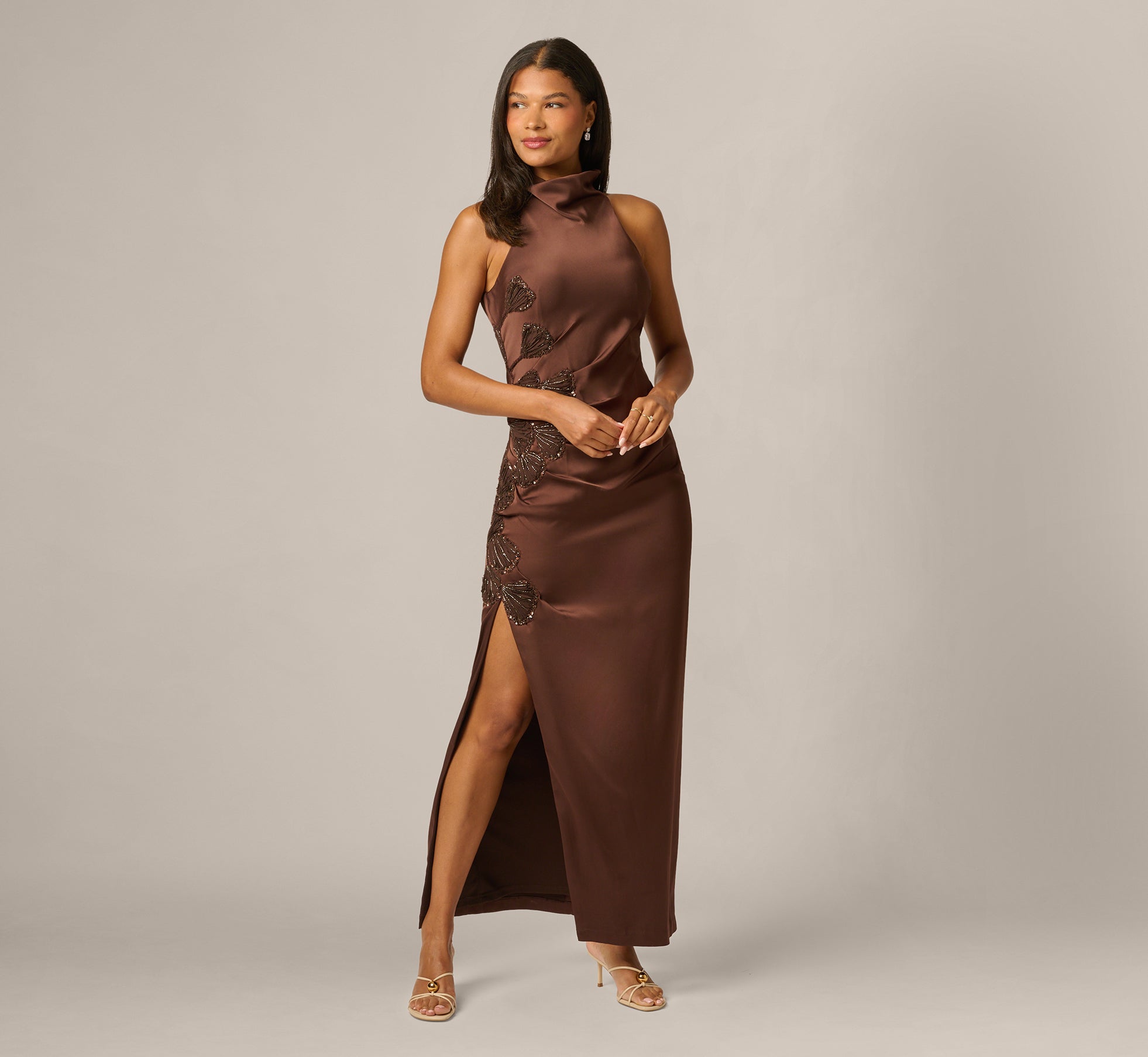 Satin Beaded Soutache Cowl Halter Gown In Espresso 1