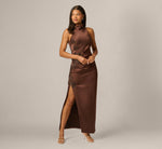 Satin Beaded Soutache Cowl Halter Gown In Espresso 1