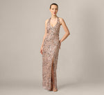 3D Floral Sequin Beaded Halter Gown In Smokey Mauve 2